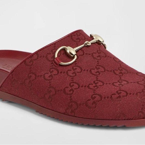 Gucci "Sol" monogram cotton canvas mules with golden bit strap /color burgundy - Picture 8 of 15